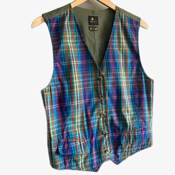 Liz Sport Waistcoat Plaid Vest ButtonUp VNeck +Pockets Sz Small Petite Vintage - Picture 2 of 7